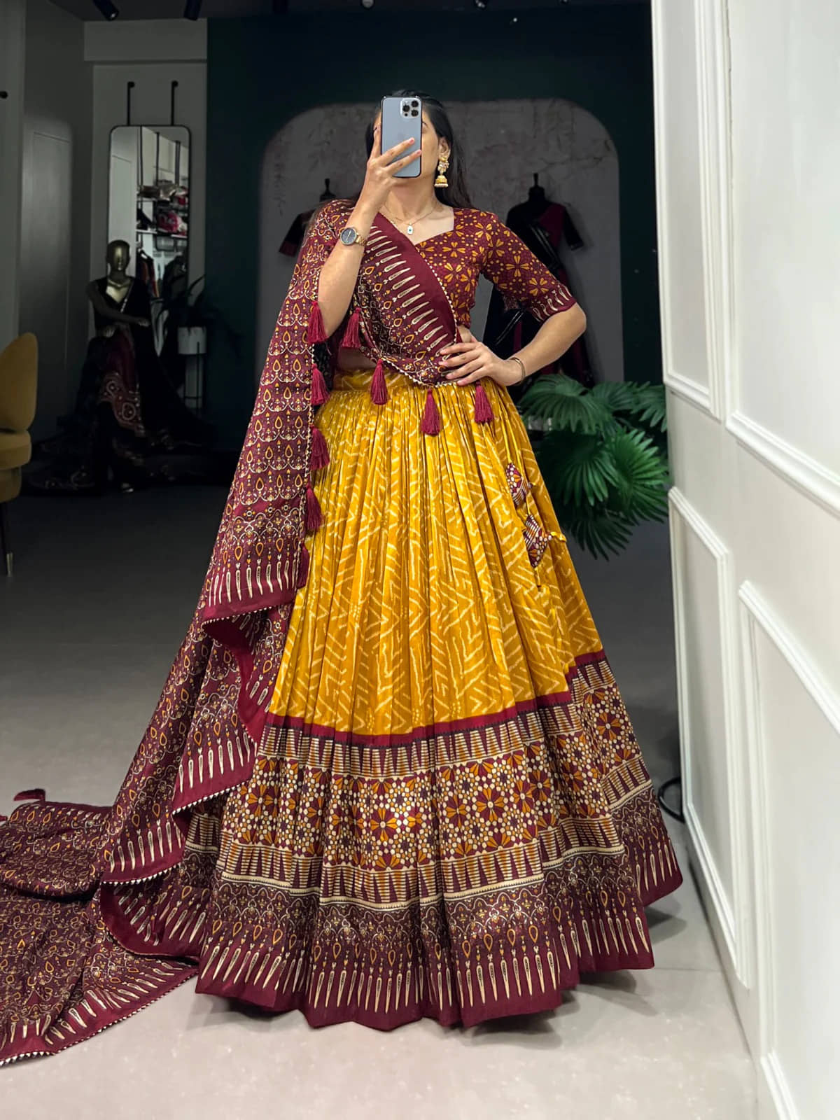INDIAN SILKS Women Tussar Silk Flared Semi Stitched Lehenga Choli ( Yellow )