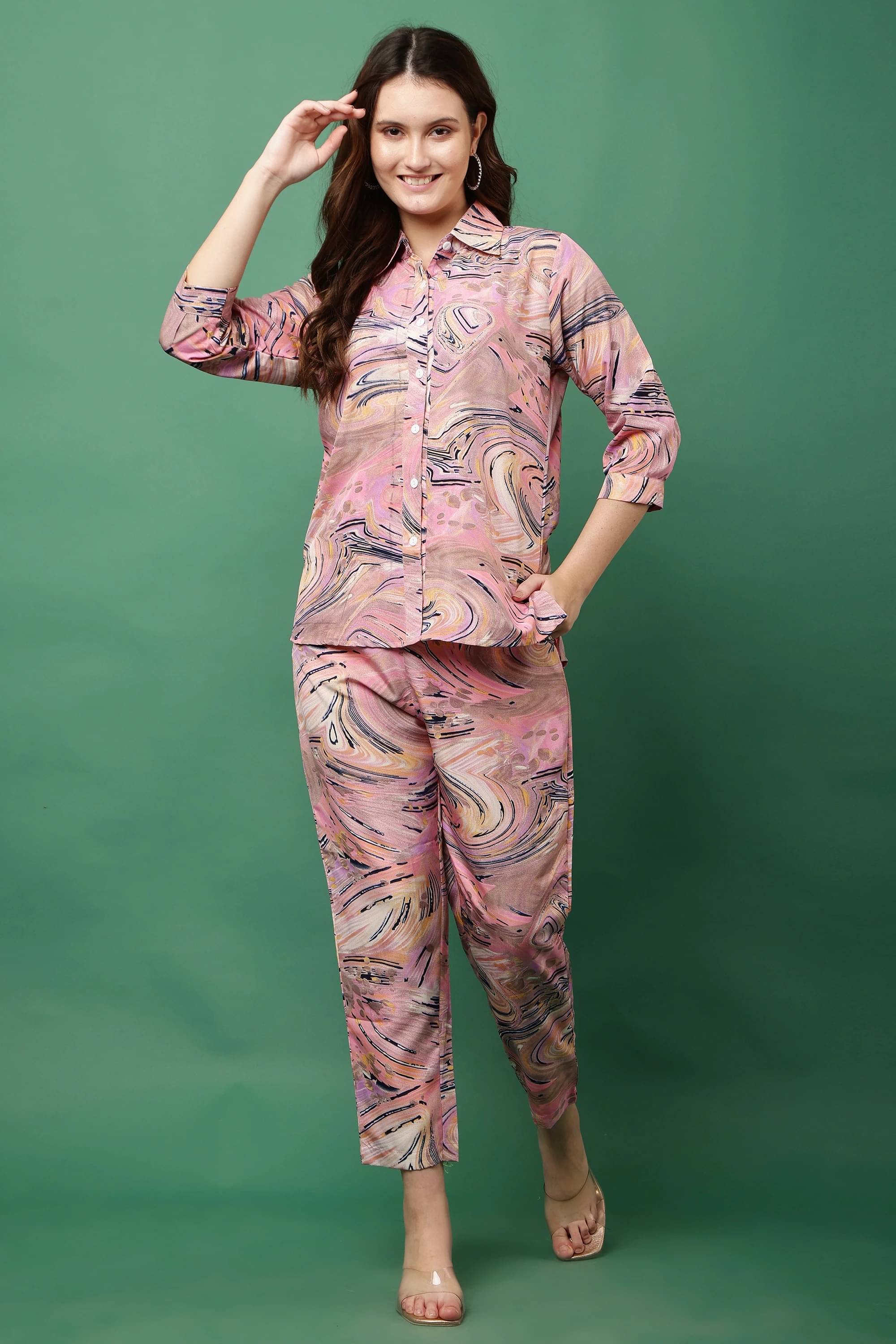     			JustHer Women Printed Shirt With Trousers Co-Ord Set ( Pink )