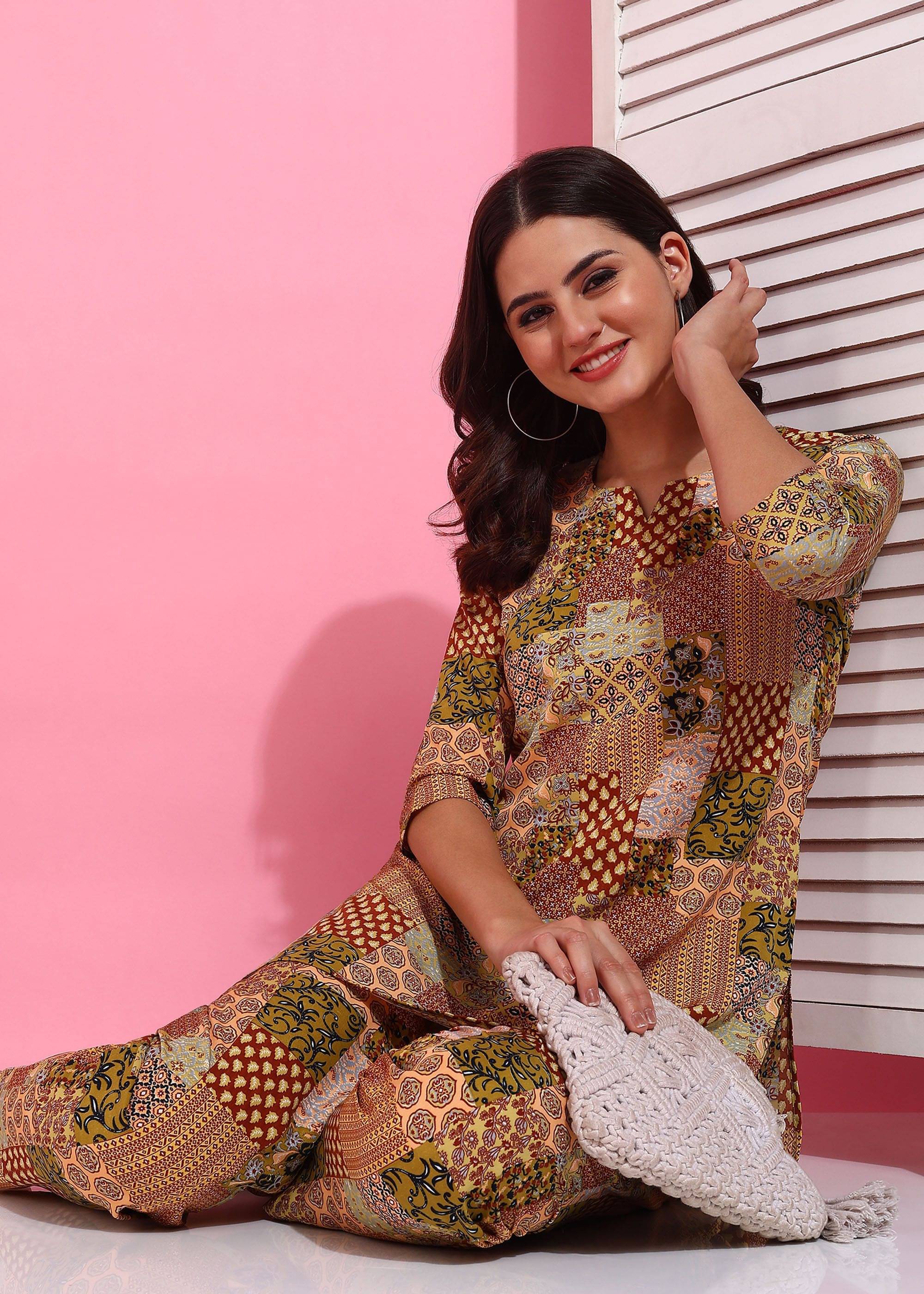 JustHer Women Printed Top With Trousers Co-Ord Set ( Multicolor ) JustHer Women Printed Top With Trousers Co-Ord Set ( Multicolor )