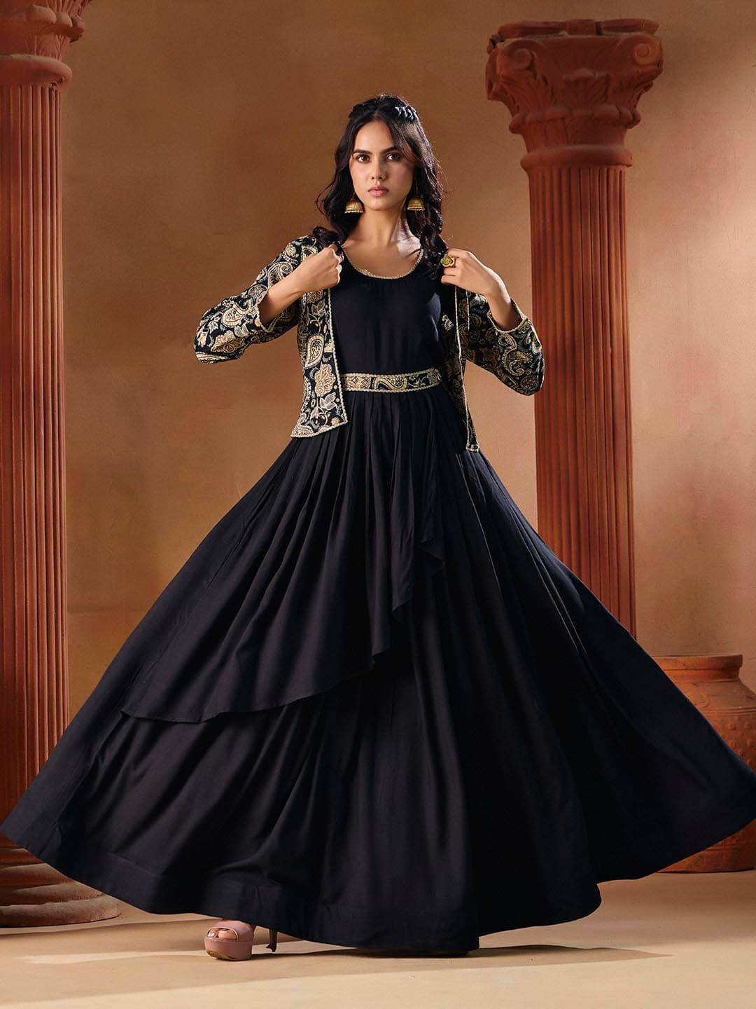 Madhuram Textiles Women Rayon Anarkali Stitched Ethnic Gown With Jacket ( Black )     			Madhuram Textiles Women Rayon Anarkali Stitched Ethnic Gown With Jacket ( Black )