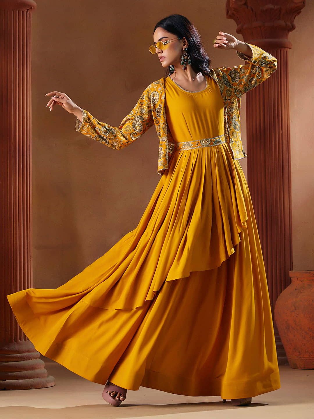 Madhuram Textiles Women Rayon Anarkali Stitched Ethnic Gown With Jacket ( Yellow )