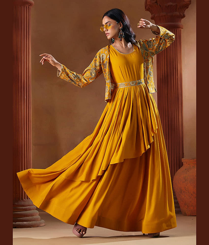 Madhuram Textiles Women Rayon Anarkali Stitched Ethnic Gown With Jacket ( Yellow )