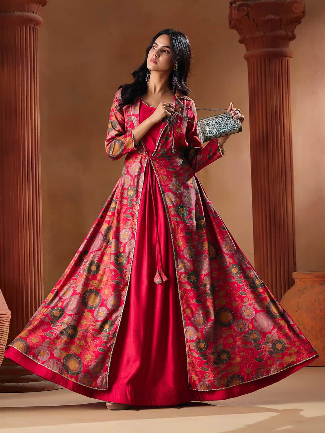 Madhuram Textiles Women Rayon Anarkali Stitched Ethnic Gown ( Pink ) - Unstitched Fabrics | Buy online on ZillyBuy