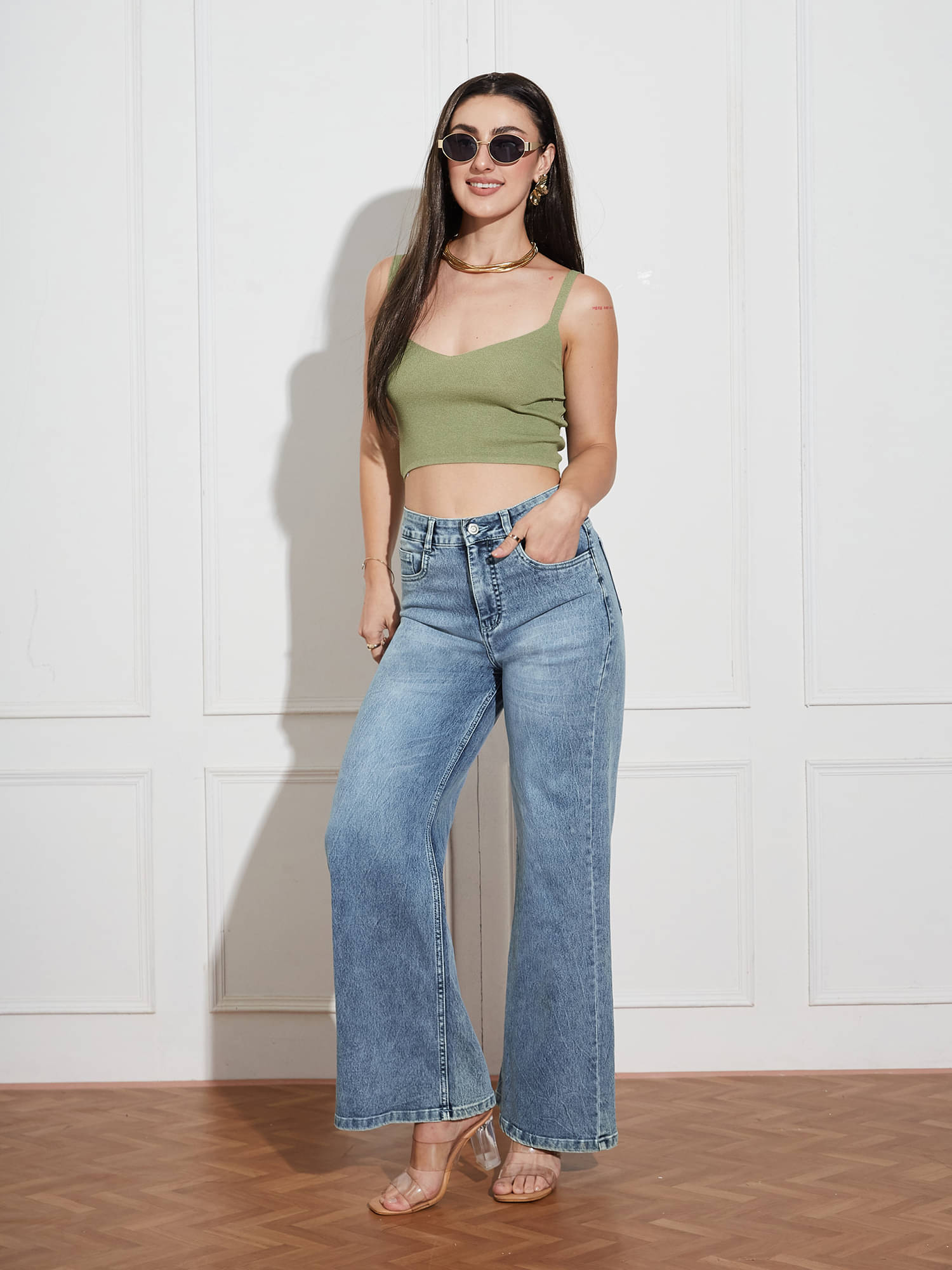     			Miss Chase Women's Wide Leg High-Rise Jeans ( Blue )