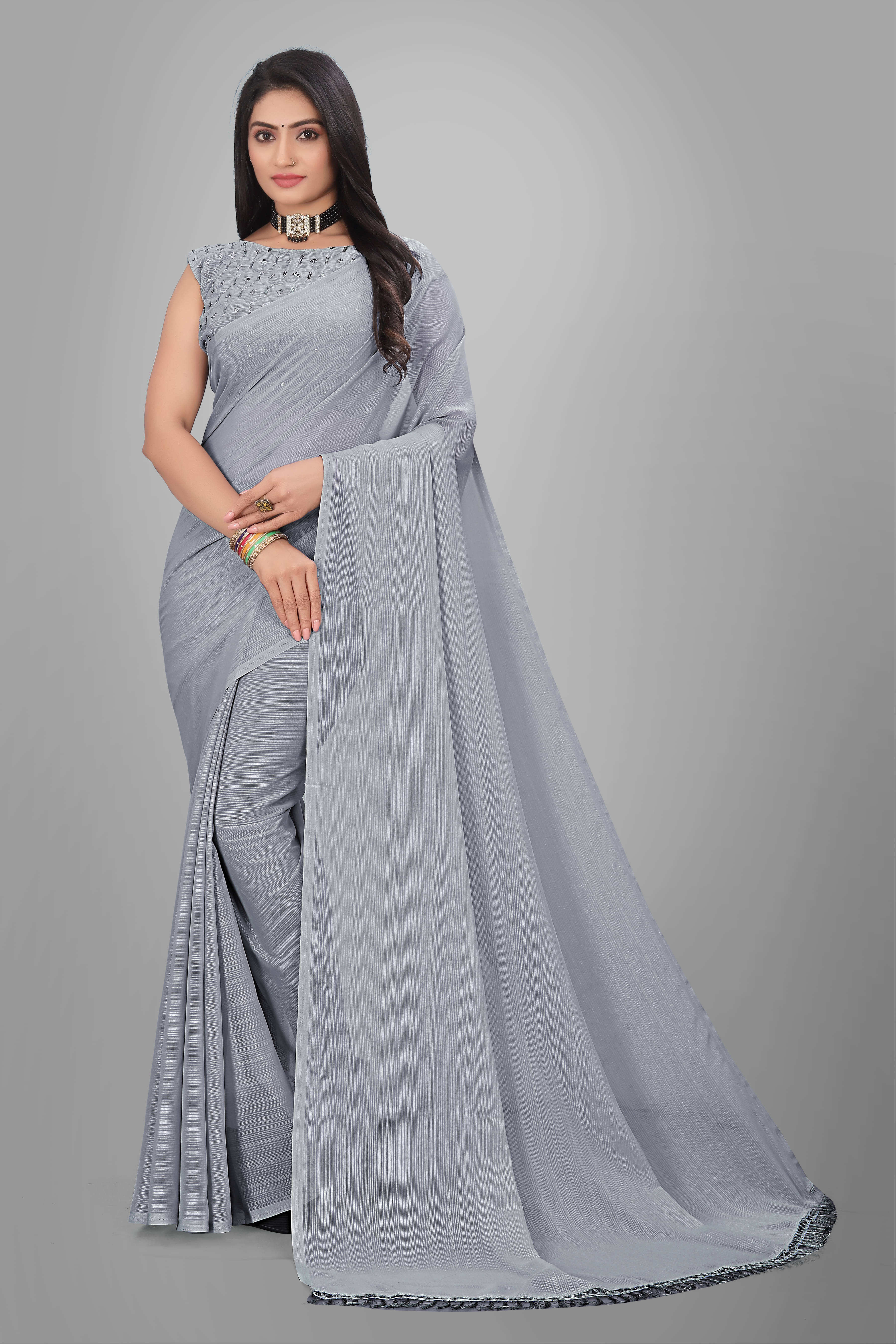     			Nexora Georgette Solid Bandhani Sarees With Unstitched Blouse Piece ( Grey )