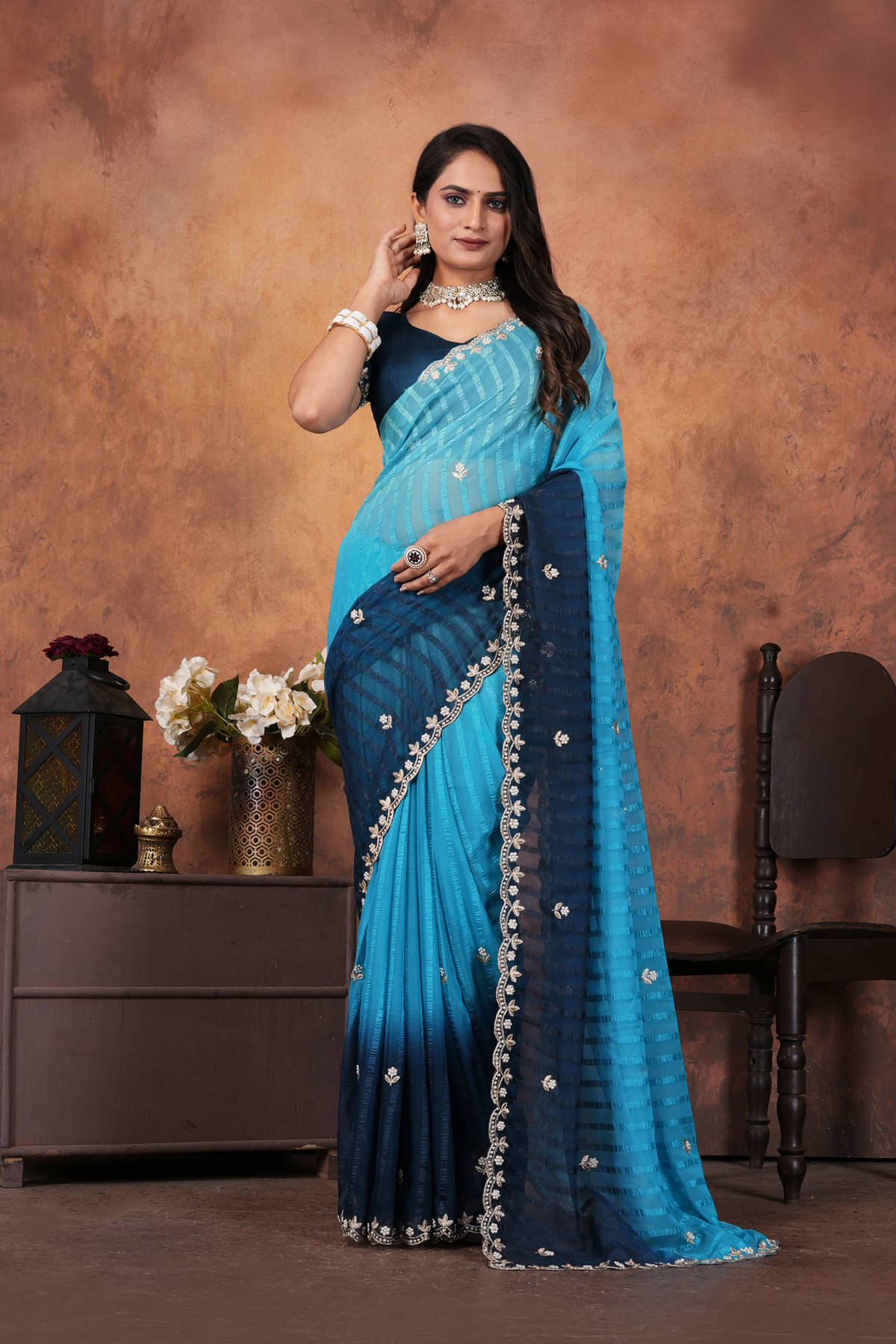     			SATVASHIV Chiffon Embroidered Regular Saree With Unstitched Blouse Piece ( Turquoise )