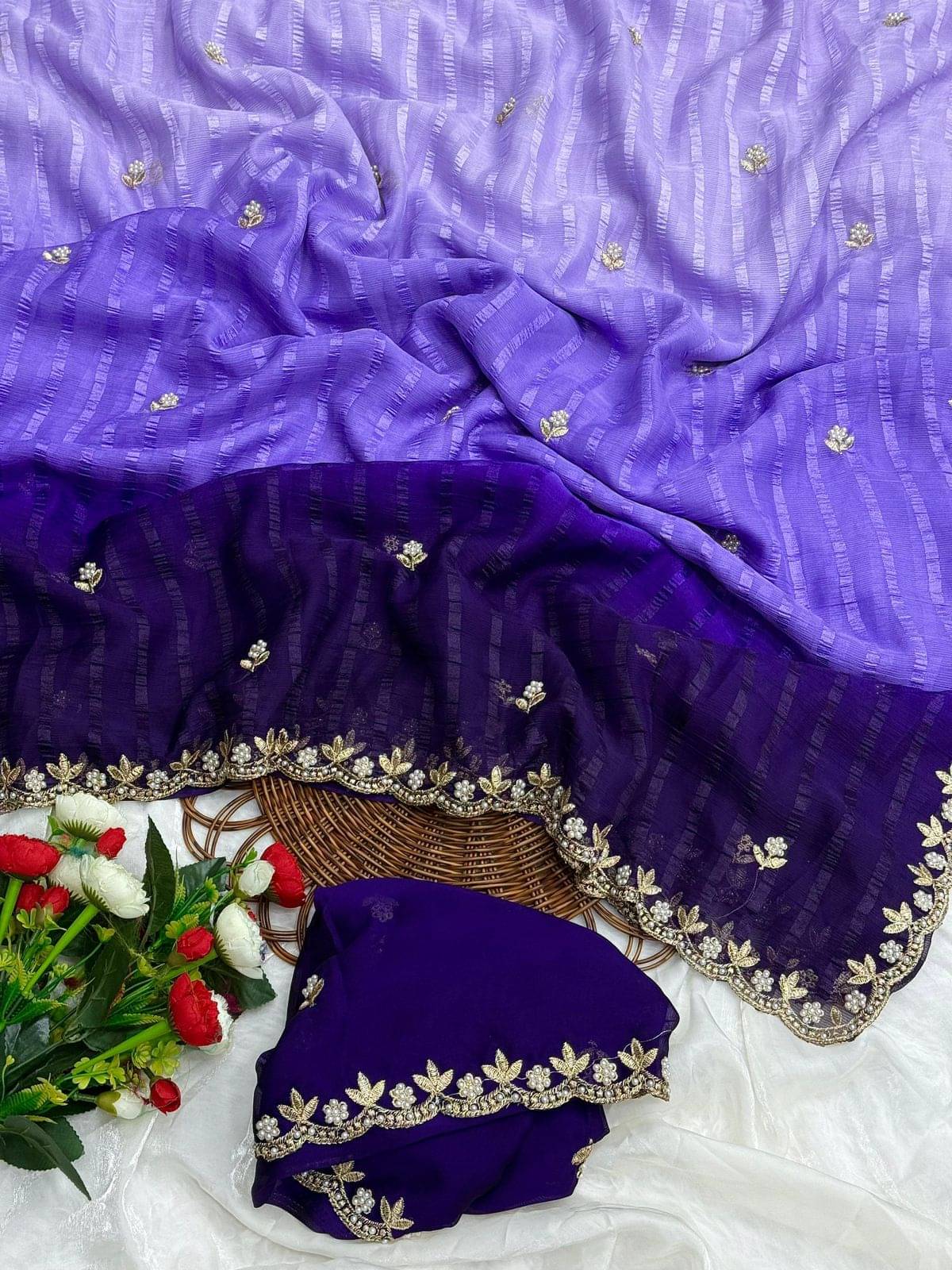     			SATVASHIV Chiffon Striped Regular Saree With Unstitched Blouse Piece ( Purple )