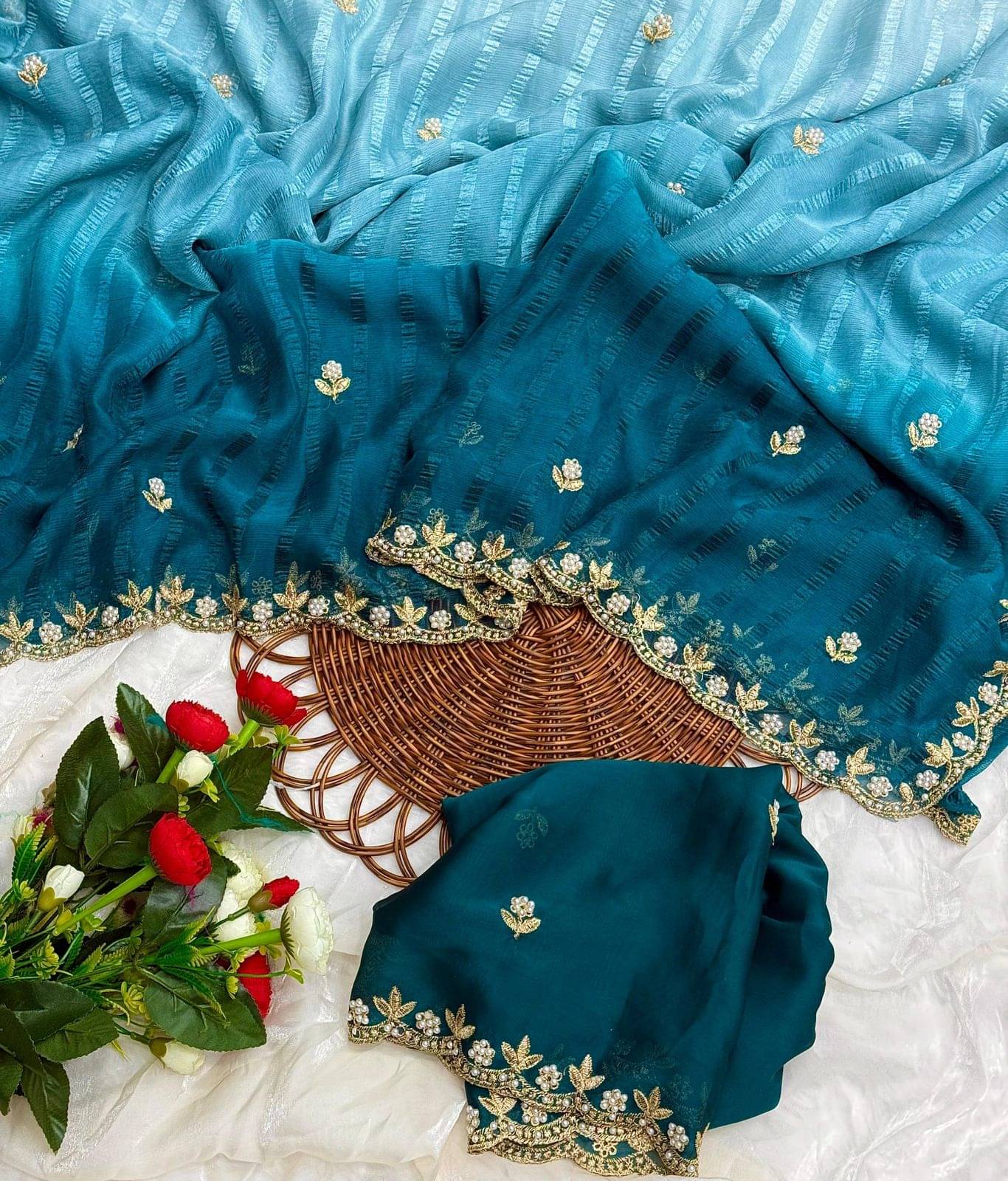     			SATVASHIV Chiffon Striped Regular Saree With Unstitched Blouse Piece ( Turquoise )