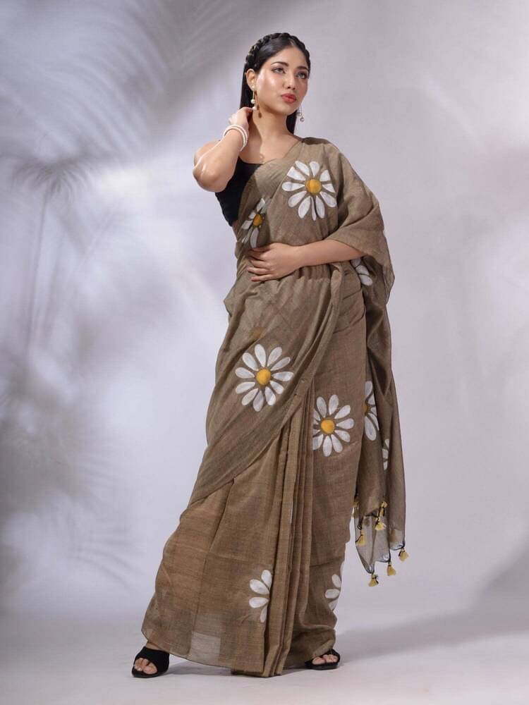     			SATVASHIV Linen Printed Regular Saree With Unstitched Blouse Piece ( Brown )