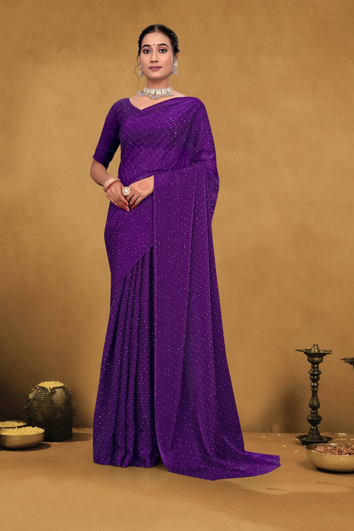     			SATVASHIV Satin Embroidered Regular Saree With Unstitched Blouse Piece ( Purple )