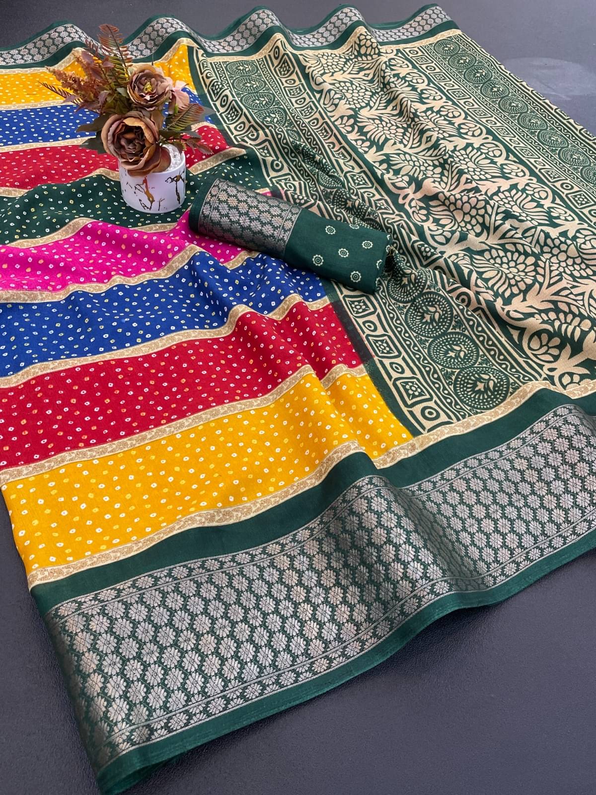     			Swara Asaam Silk Printed Bandhani Sarees With Unstitched Blouse Piece ( Green )