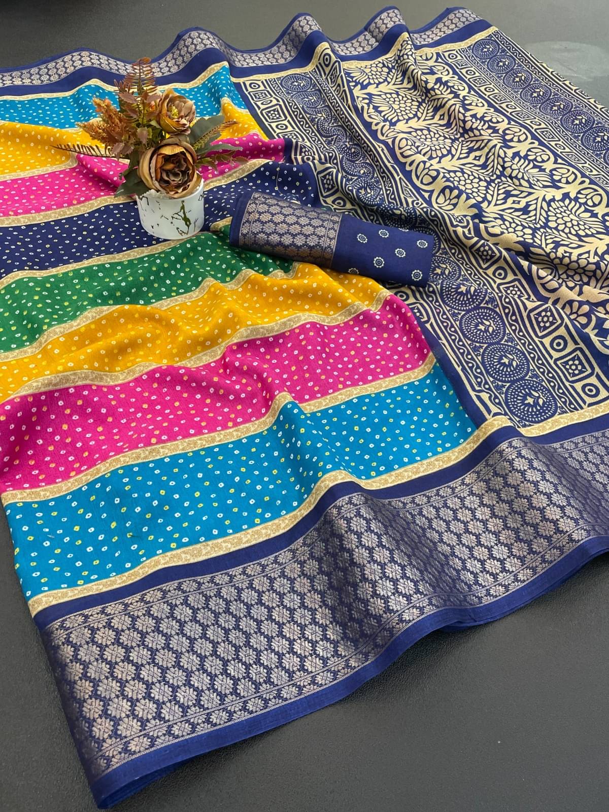     			Swara Asaam Silk Printed Bandhani Sarees With Unstitched Blouse Piece ( Blue )