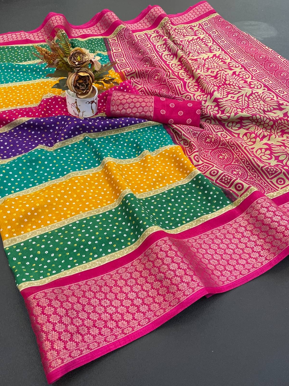     			Swara Asaam Silk Printed Bandhani Sarees With Unstitched Blouse Piece ( Pink )