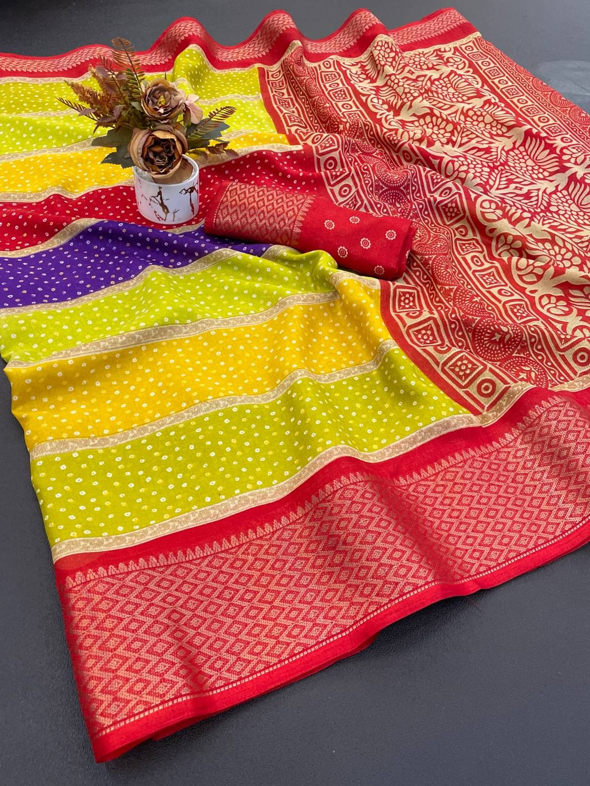 Swara Asaam Silk Printed Bandhani Sarees With Unstitched Blouse Piece ( Red )     			Swara Asaam Silk Printed Bandhani Sarees With Unstitched Blouse Piece ( Red )