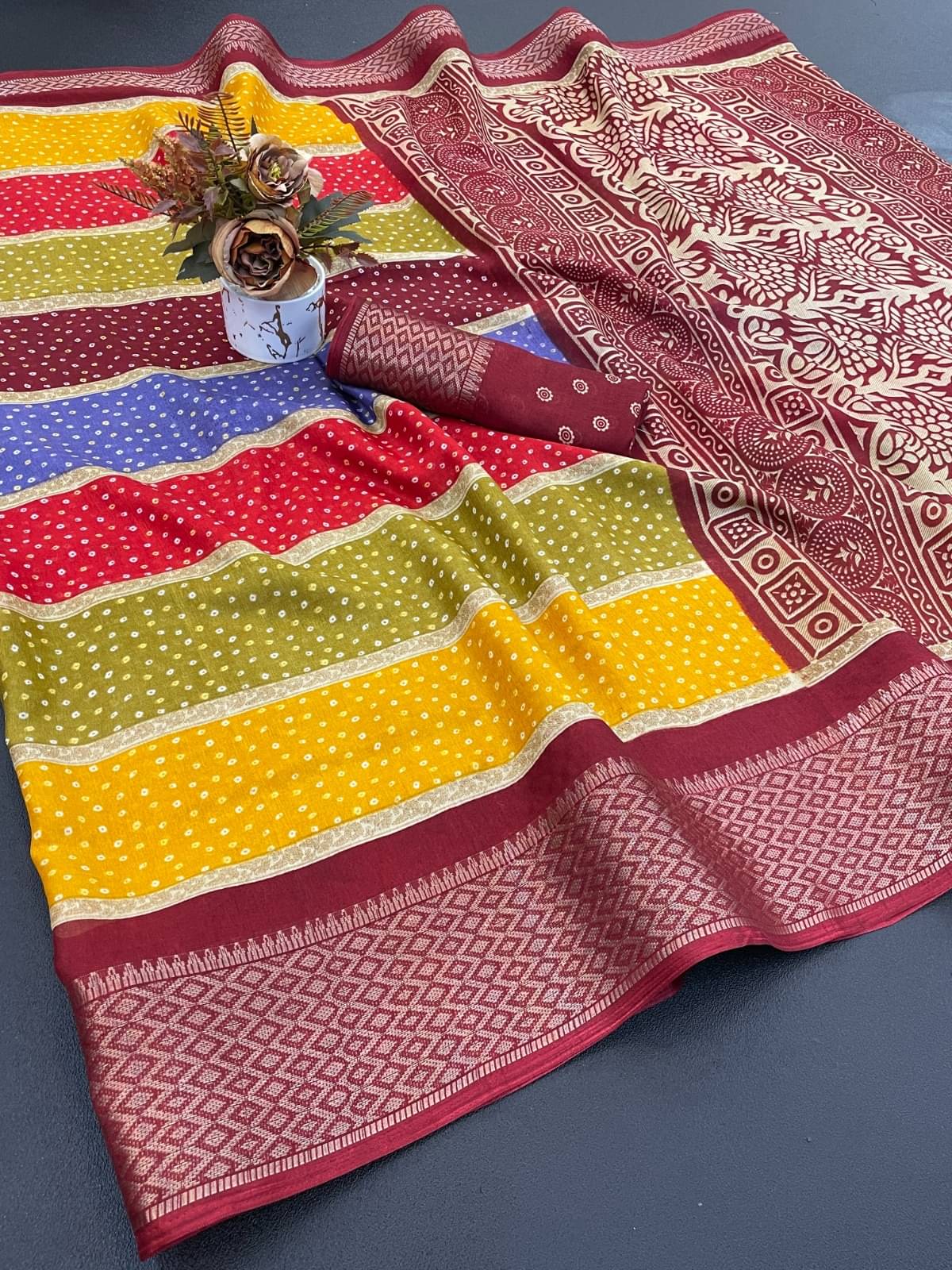     			Swara Asaam Silk Printed Bandhani Sarees With Unstitched Blouse Piece ( Maroon )