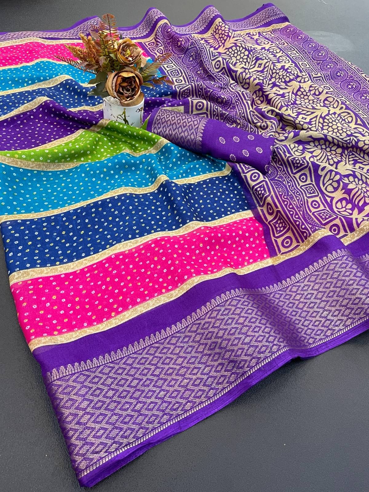Swara Asaam Silk Printed Bandhani Sarees With Unstitched Blouse Piece ( Purple ) Swara Asaam Silk Printed Bandhani Sarees With Unstitched Blouse Piece ( Purple )