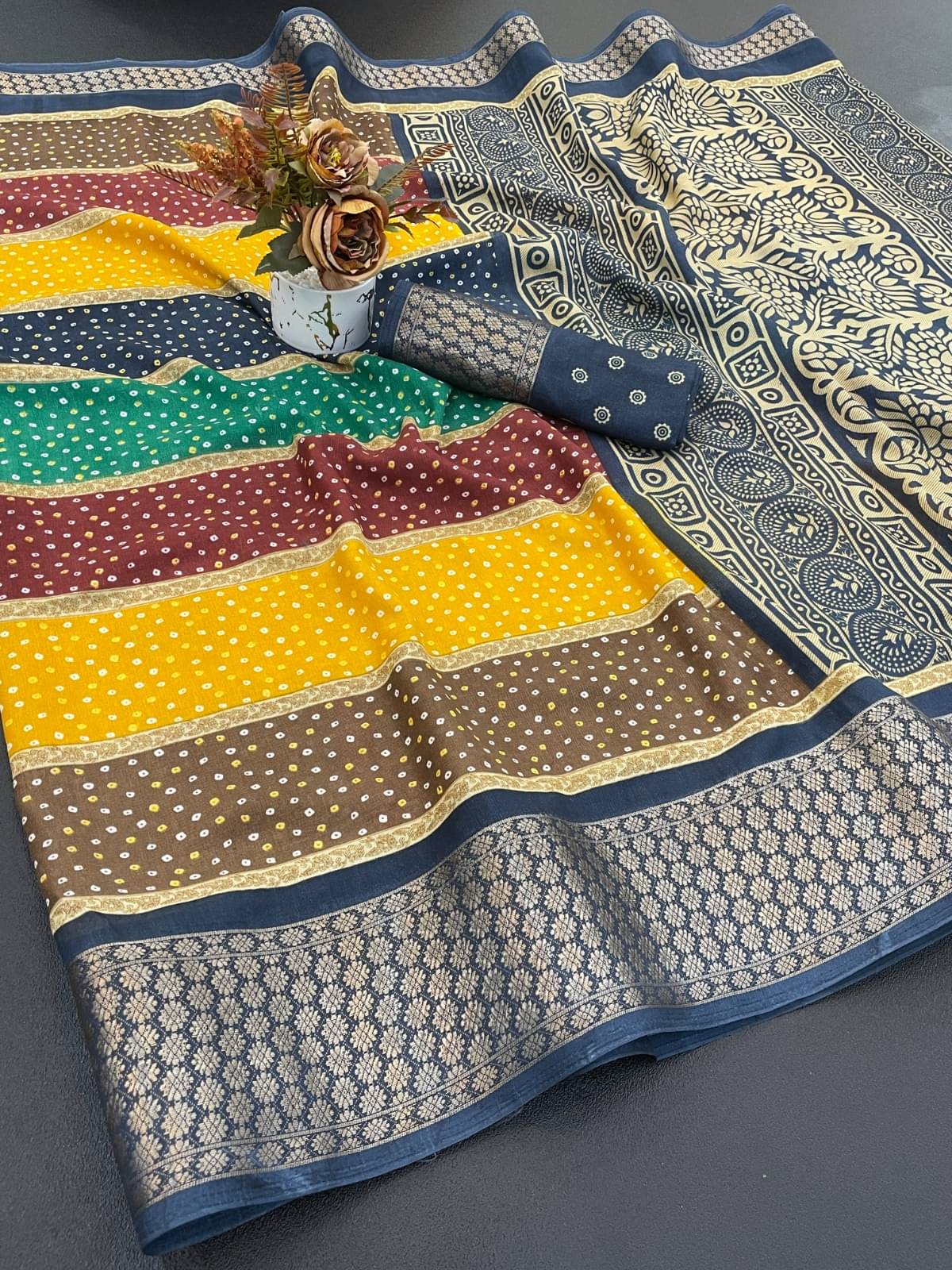     			Swara Asaam Silk Printed Bandhani Sarees With Unstitched Blouse Piece ( Navy Blue )