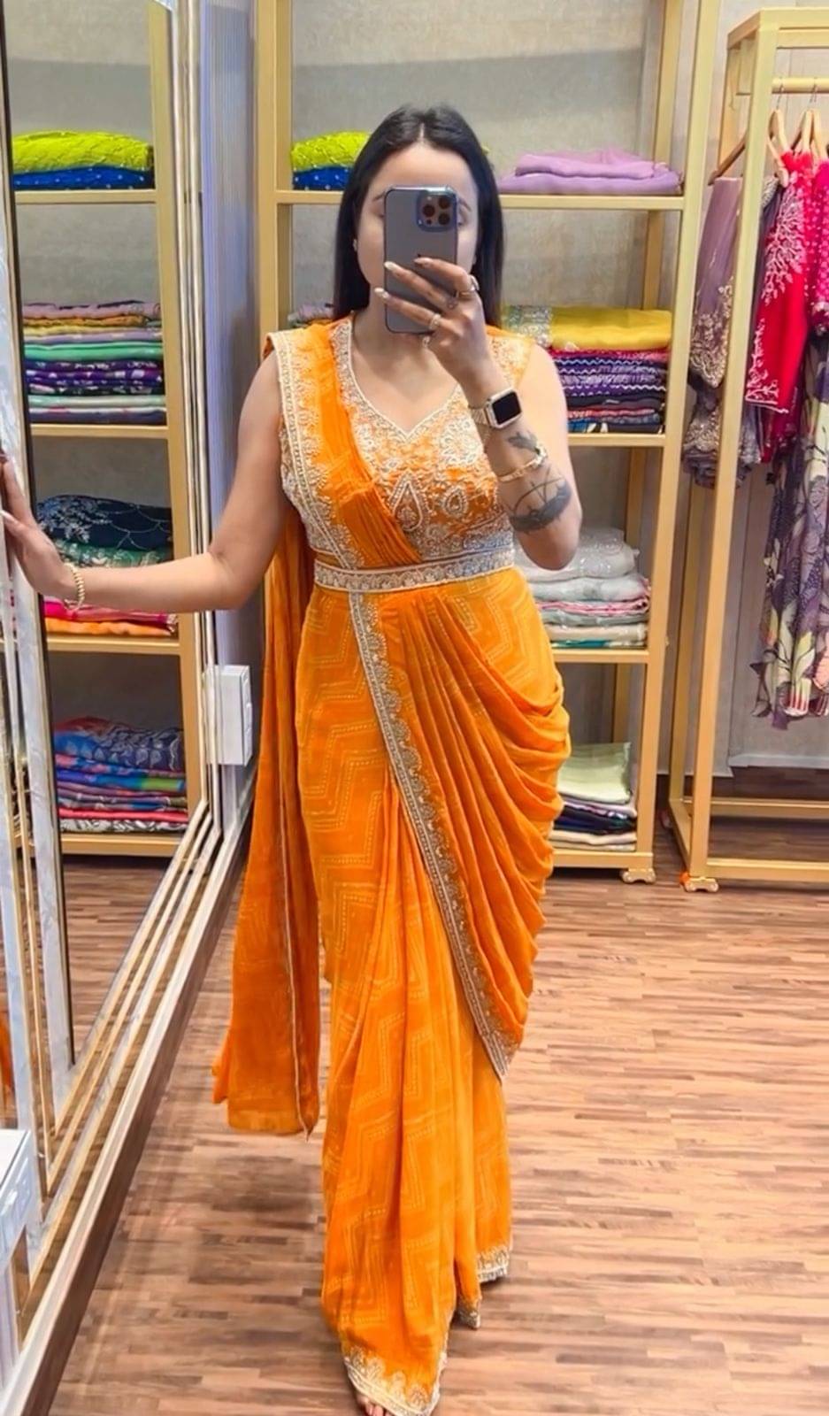     			THE PRIVATE LABLE Chiffon Printed Banarasi saree With Unstitched Blouse Piece ( Yellow )