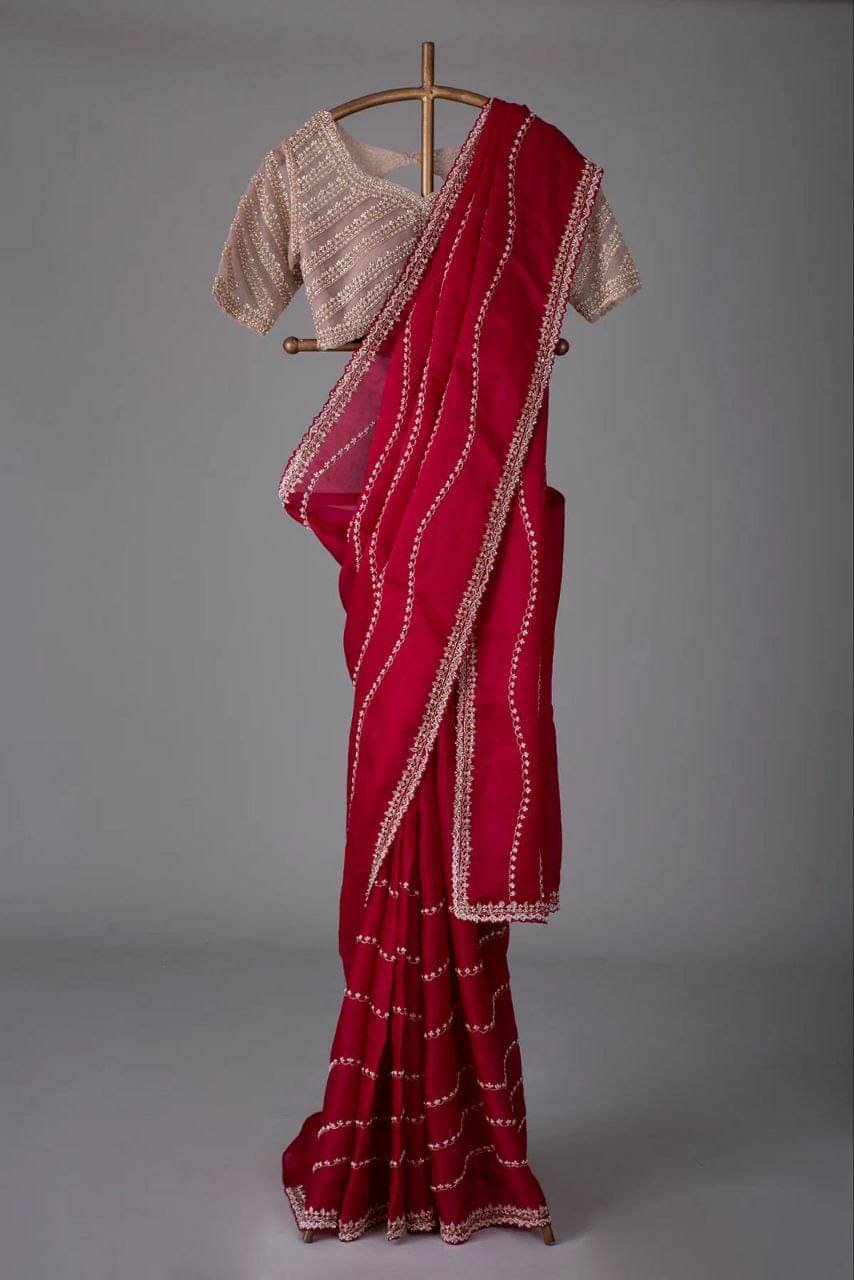     			THE PRIVATE LABLE Organza Printed Banarasi saree With Unstitched Blouse Piece ( Red )