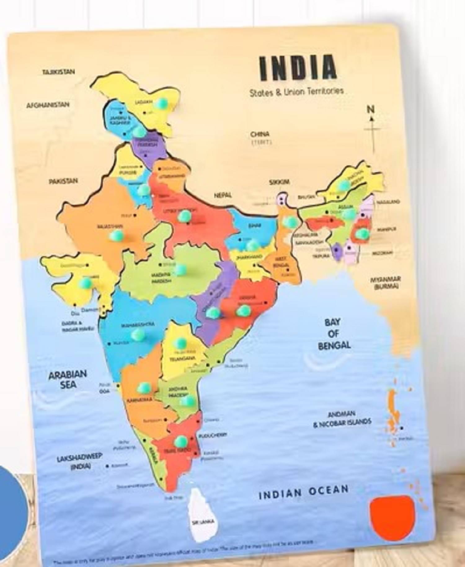 Wooden Puzzle Map of India for Kids with Detachable Plastic Knobs Wooden Puzzle Map of India for Kids with Detachable Plastic Knobs