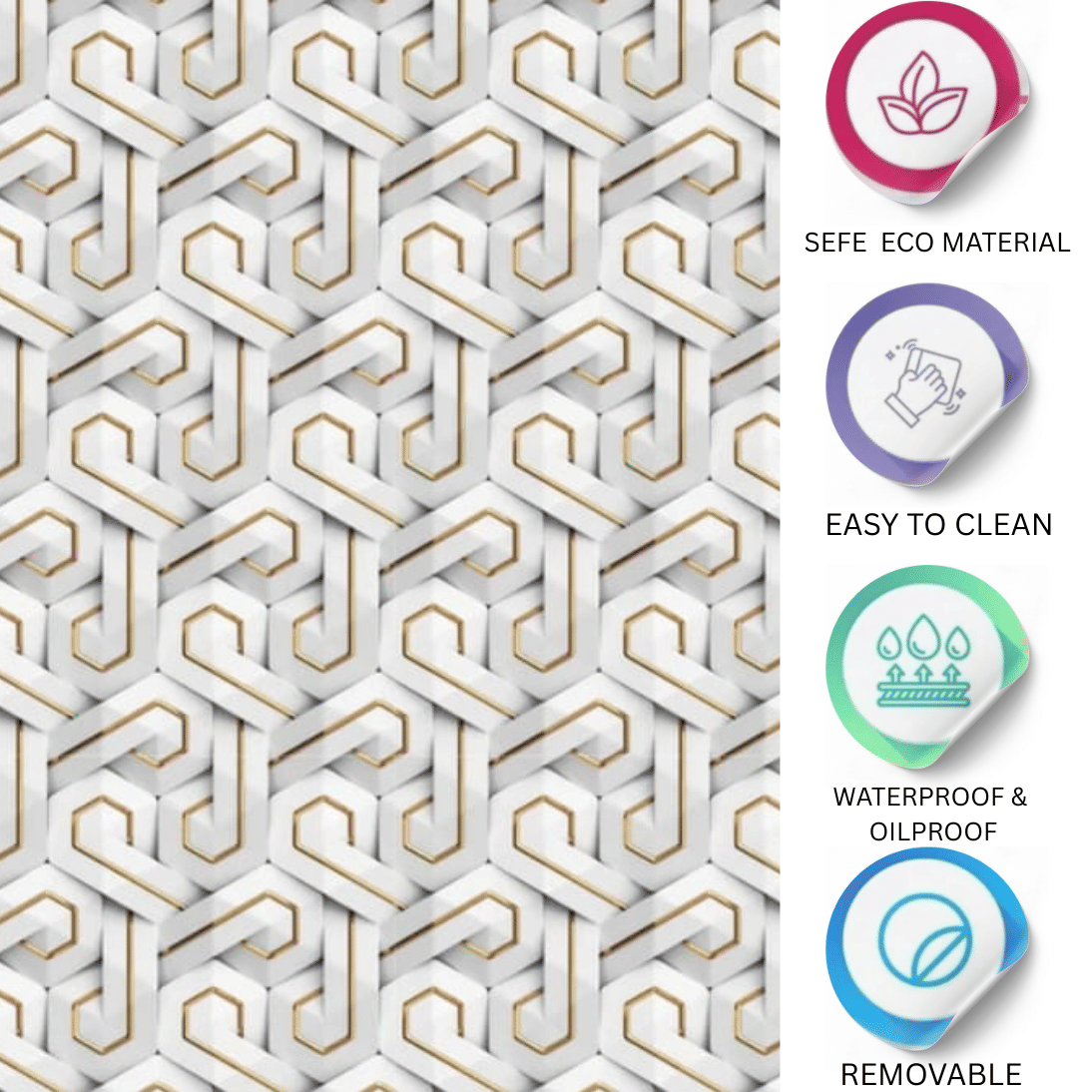 ZAPPYPOP Self Adhesive Waterproof Kitchen Wallpaper – White & Gold Geometric 45x500 cm ZAPPYPOP Self Adhesive Waterproof Kitchen Wallpaper – White & Gold Geometric 45x500 cm