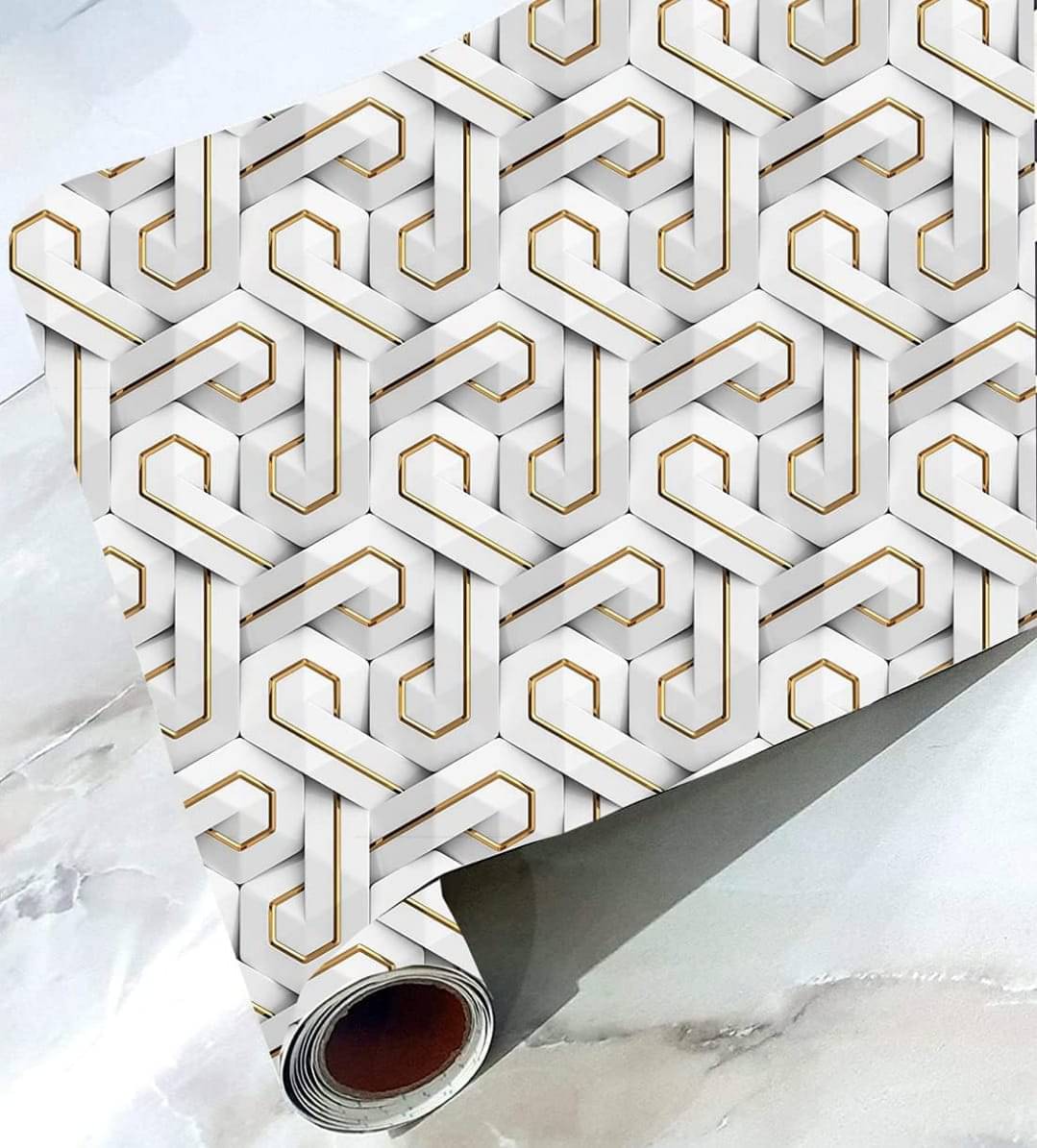 ZAPPYPOP Self Adhesive Waterproof Kitchen Wallpaper – White & Gold Geometric 45x500 cm ZAPPYPOP Self Adhesive Waterproof Kitchen Wallpaper – White & Gold Geometric 45x500 cm