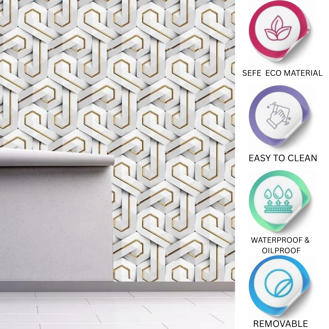     			ZAPPYPOP Self Adhesive Waterproof Kitchen Wallpaper – White & Gold Geometric 45x500 cm