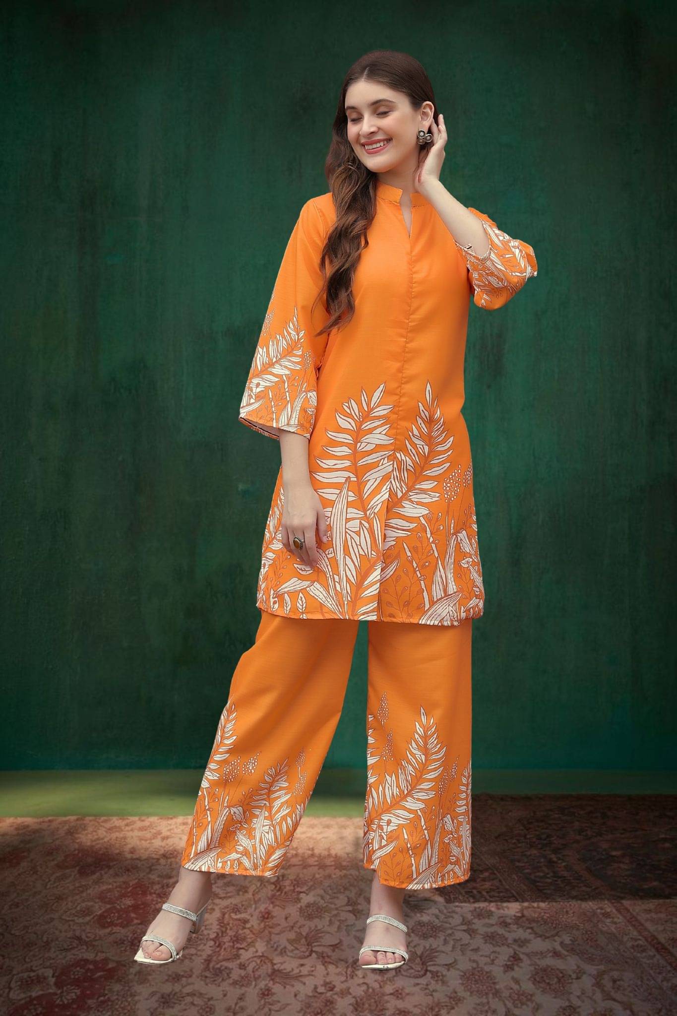     			laasika Women Printed Tunic With Palazzos Co-Ord Set ( Orange )