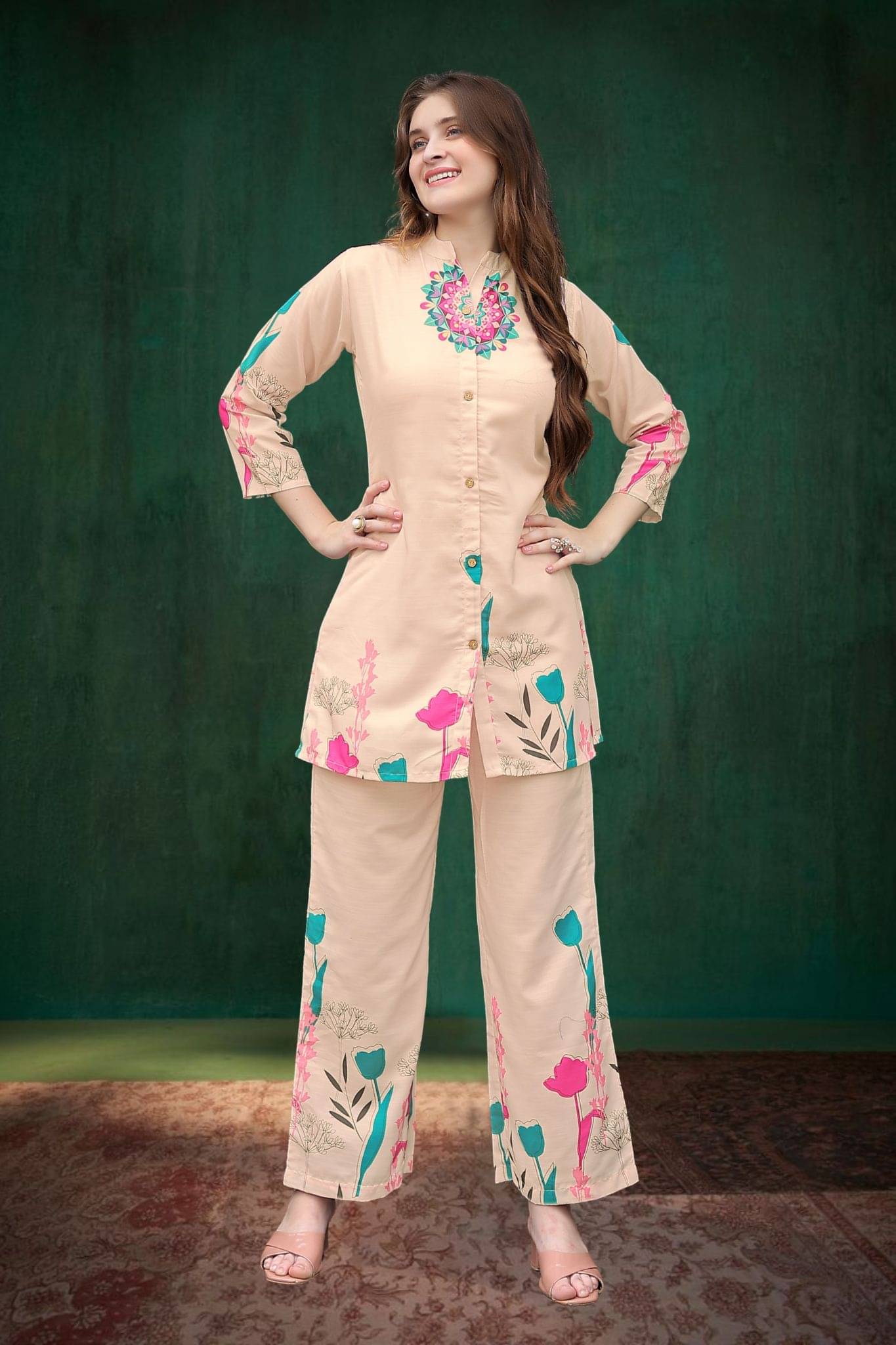     			laasika Women Printed Tunic With Trousers Co-Ord Set ( Tan )