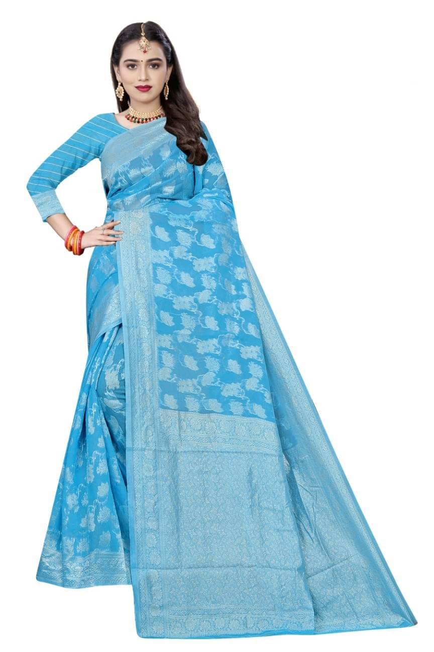 varutex Cotton Embellished Regular Saree With Unstitched Blouse Piece ( Light Blue ) varutex Cotton Embellished Regular Saree With Unstitched Blouse Piece ( Light Blue )