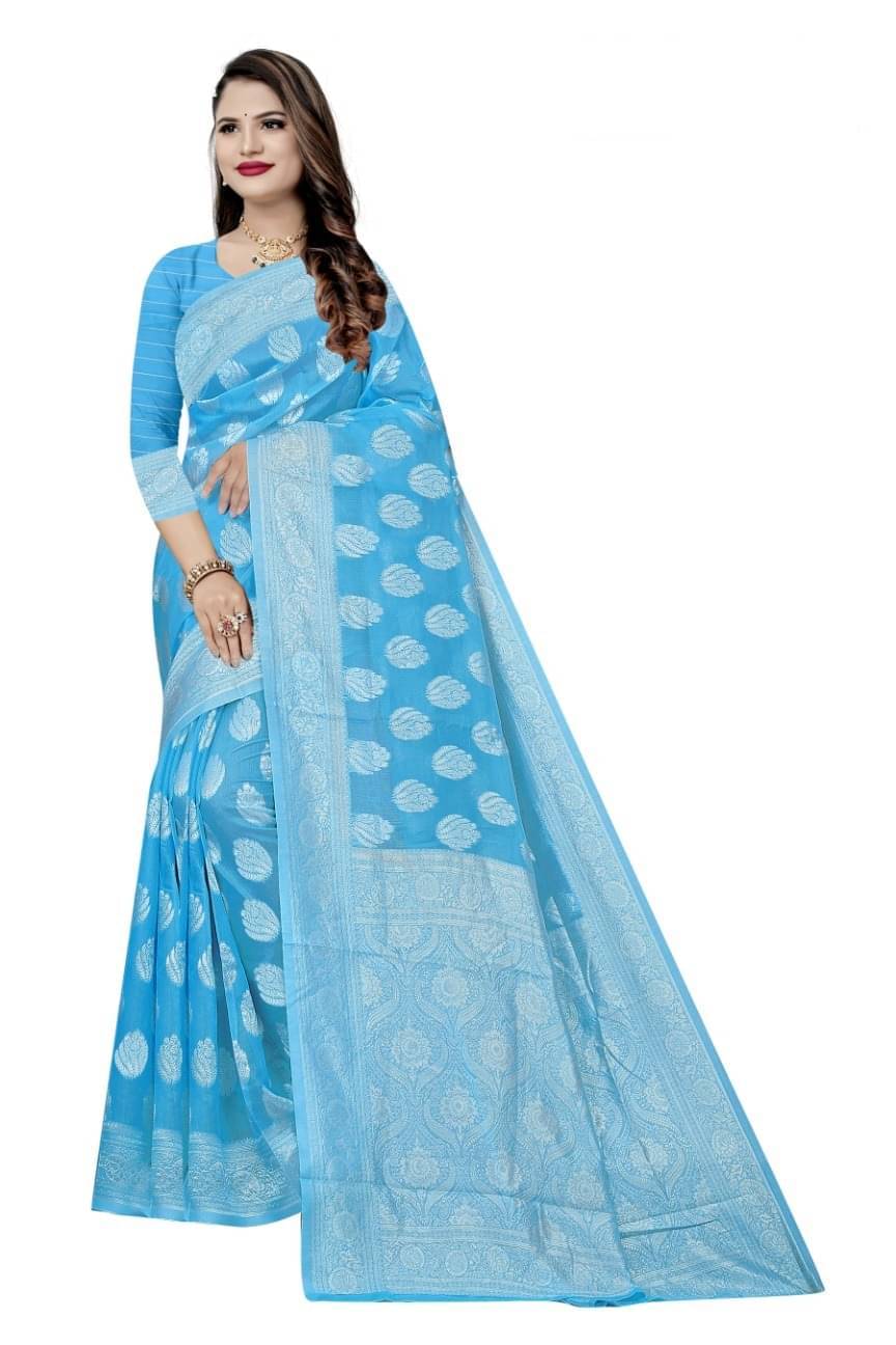     			varutex Cotton Embellished Regular Saree With Unstitched Blouse Piece ( Light Blue )