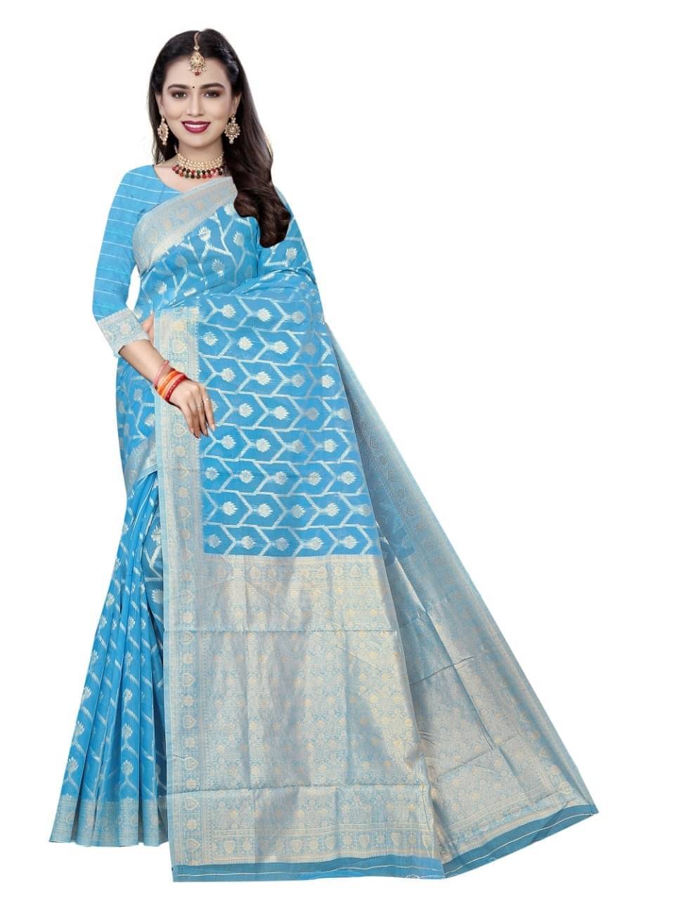     			varutex Cotton Embellished Regular Saree With Unstitched Blouse Piece ( Light Blue )
