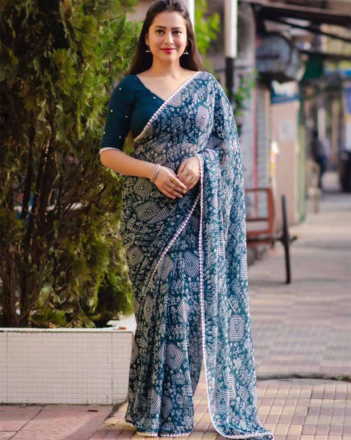 varutex Georgette Printed Regular Saree With Unstitched Blouse Piece ( Rama )     			varutex Georgette Printed Regular Saree With Unstitched Blouse Piece ( Rama )