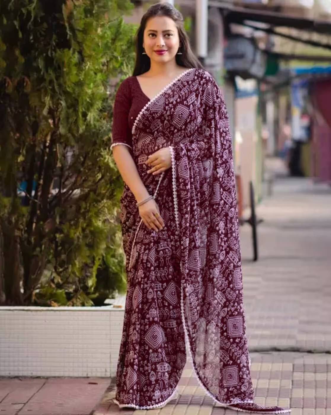 varutex Georgette Printed Regular Saree With Unstitched Blouse Piece ( Maroon )     			varutex Georgette Printed Regular Saree With Unstitched Blouse Piece ( Maroon )