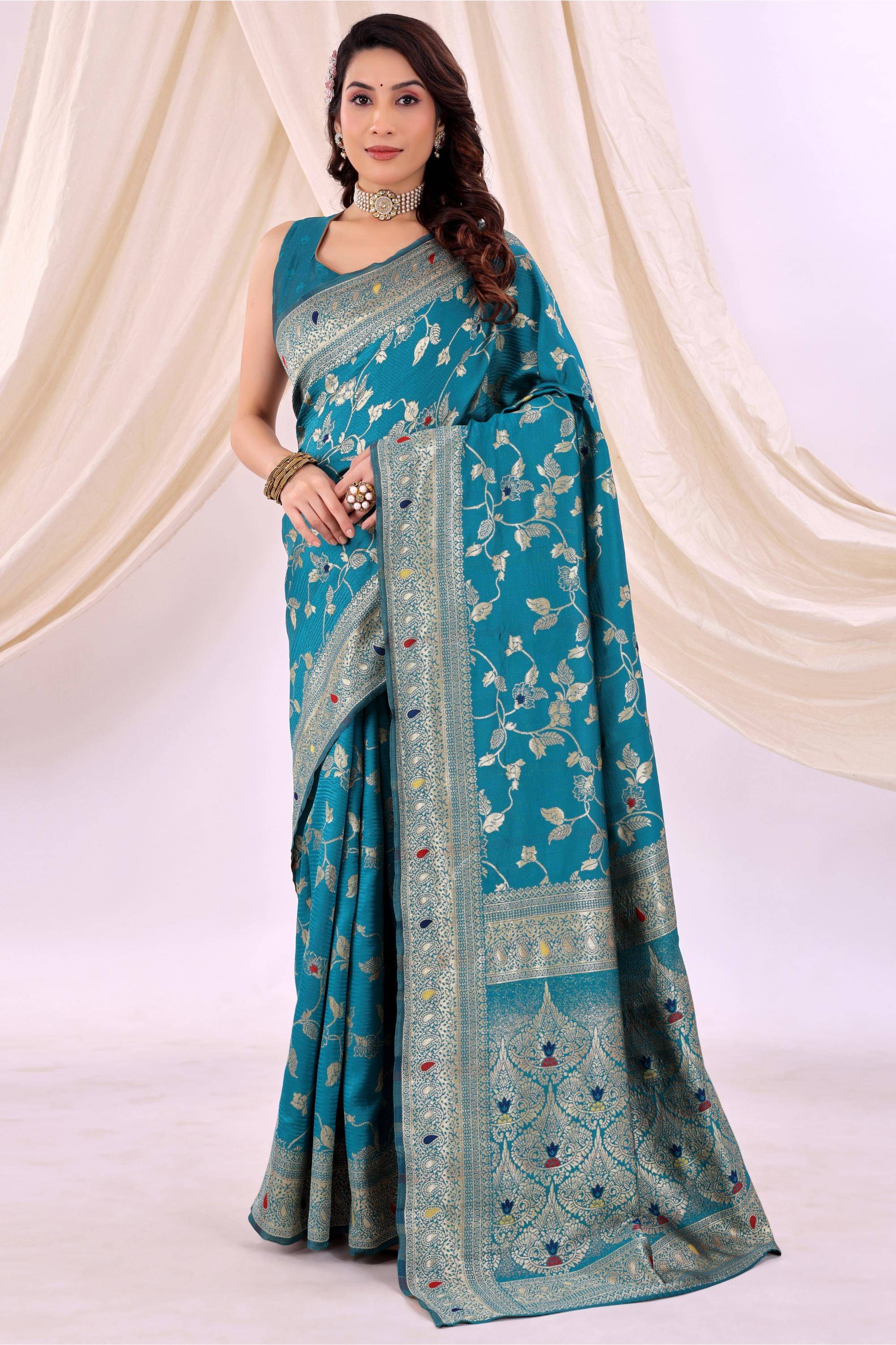 varutex Silk Embellished Regular Saree With Unstitched Blouse Piece ( Turquoise ) varutex Silk Embellished Regular Saree With Unstitched Blouse Piece ( Turquoise )