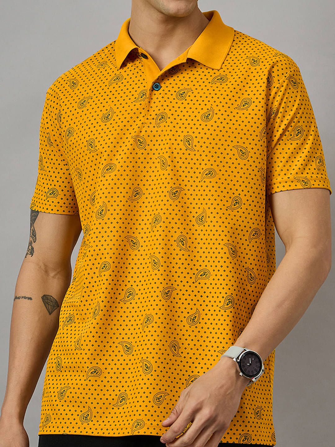 BRONATION Men Cotton Blend Regular Fit Printed Polo T Shirt ( Mustard ) BRONATION Men Cotton Blend Regular Fit Printed Polo T Shirt ( Mustard )