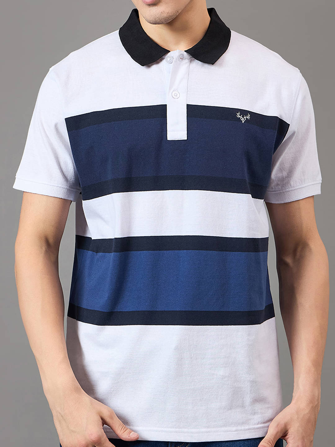     			BRONATION Men Cotton Blend Regular Fit Striped Polo T Shirt ( White )