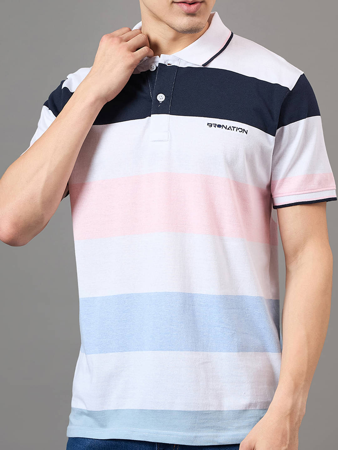     			BRONATION Men Cotton Blend Regular Fit Striped Polo T Shirt ( White )