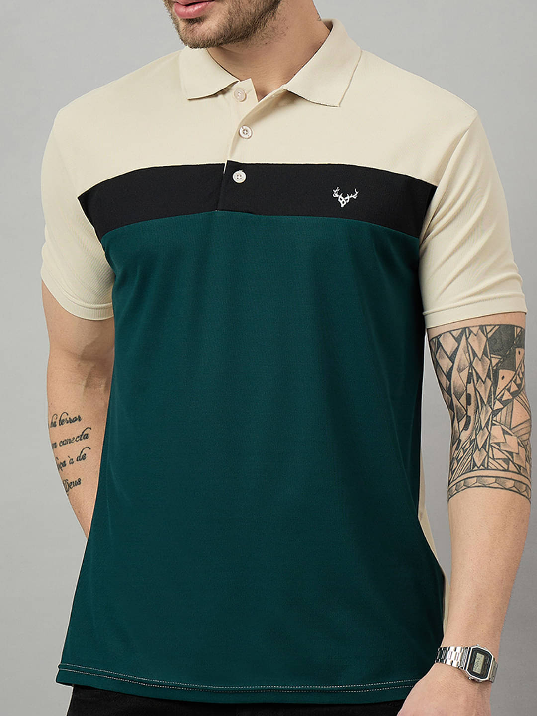 BRONATION Men Cotton Blend Regular Fit Colorblock Polo T Shirt ( Beige )     			BRONATION Men Cotton Blend Regular Fit Colorblock Polo T Shirt ( Beige )