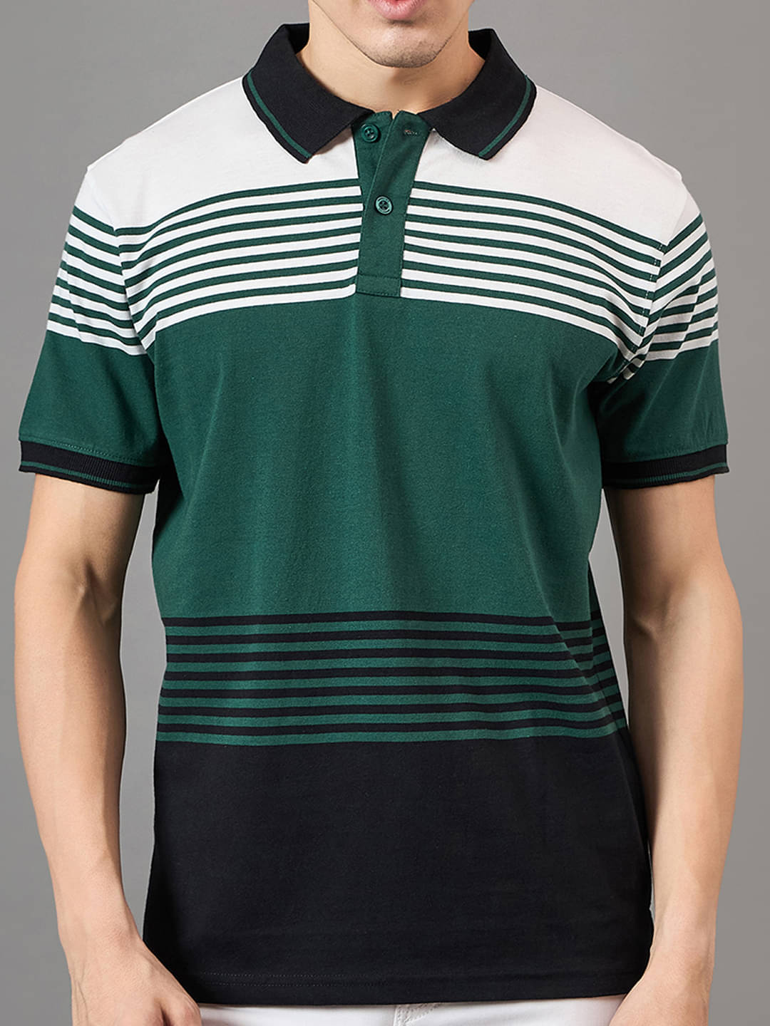     			BRONATION Men Cotton Blend Regular Fit Striped Polo T Shirt ( Green )