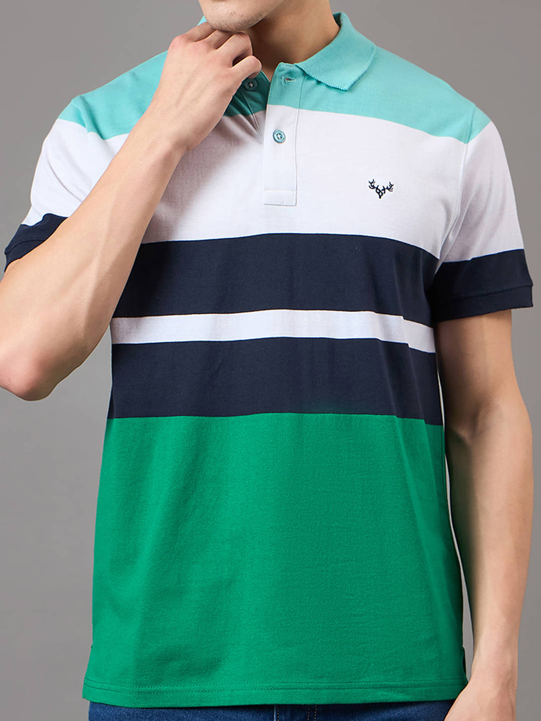     			BRONATION Men Cotton Blend Regular Fit Striped Polo T Shirt ( Green )