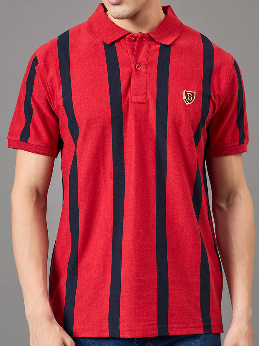     			BRONATION Men Cotton Blend Regular Fit Striped Polo T Shirt ( Red )