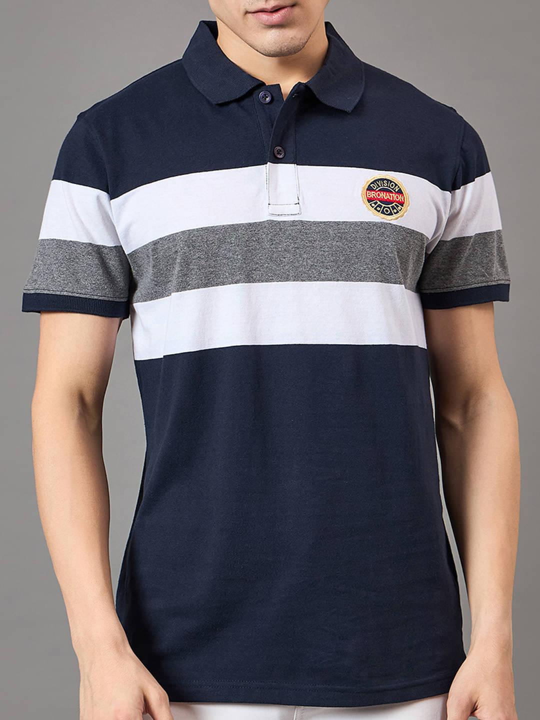     			BRONATION Men Cotton Blend Regular Fit Striped Polo T Shirt ( Navy )
