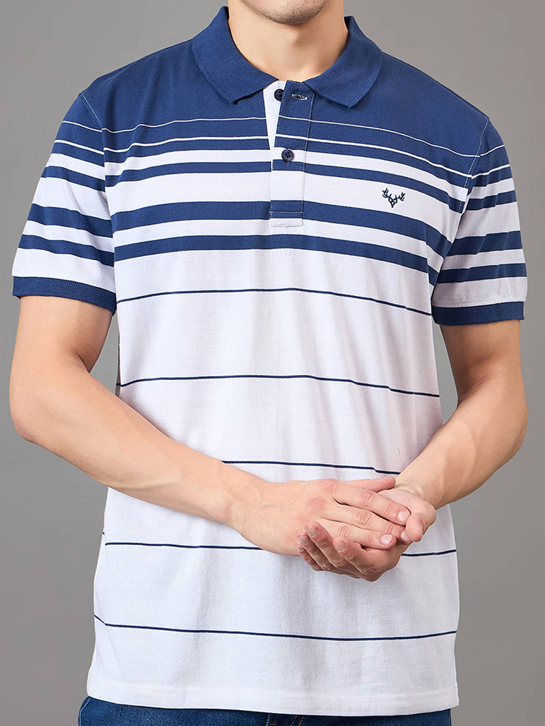     			BRONATION Men Cotton Blend Regular Fit Striped Polo T Shirt ( Navy Blue )