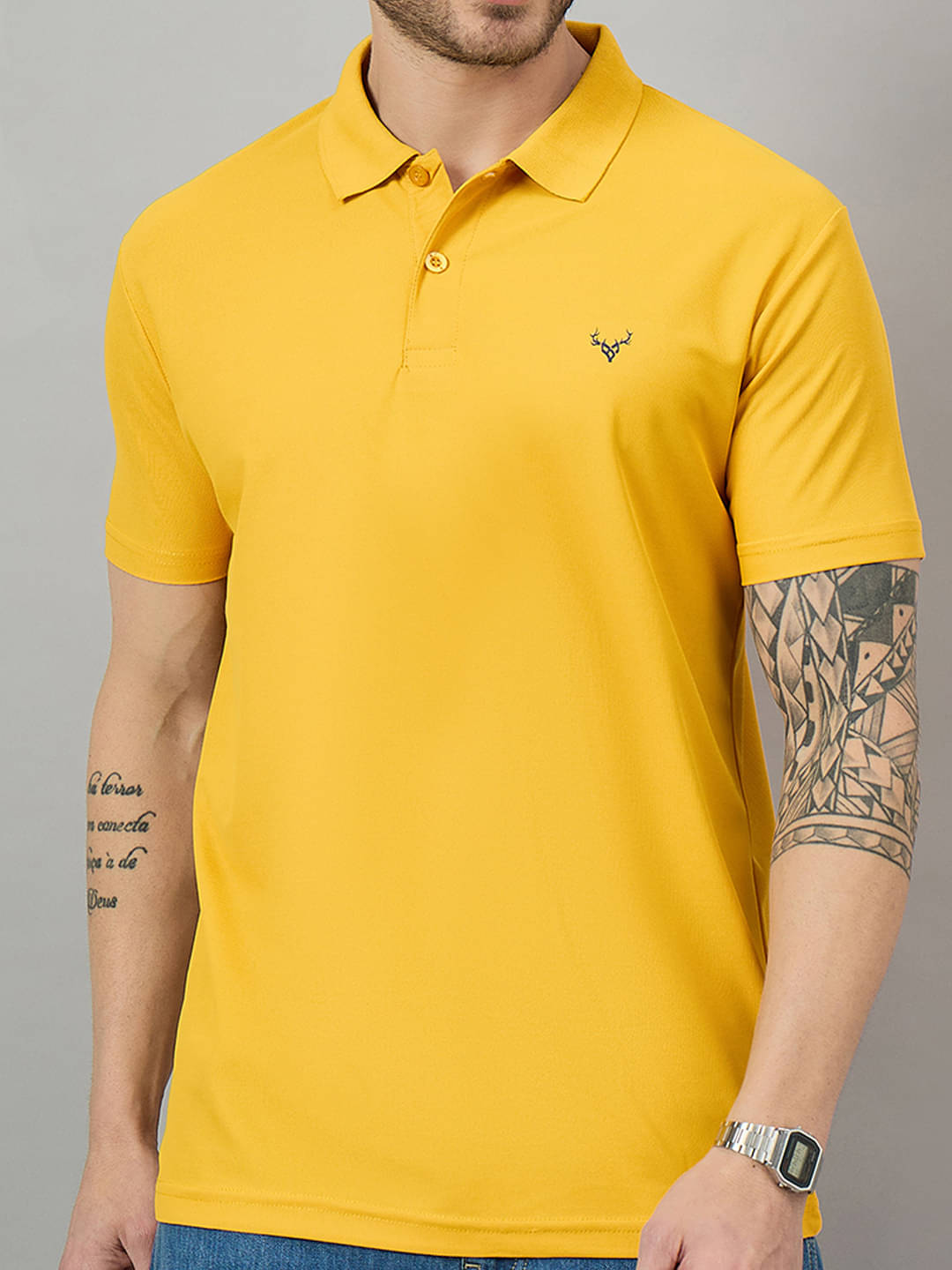 BRONATION Men Cotton Blend Regular Fit Solid Polo T Shirt ( Mustard )     			BRONATION Men Cotton Blend Regular Fit Solid Polo T Shirt ( Mustard )