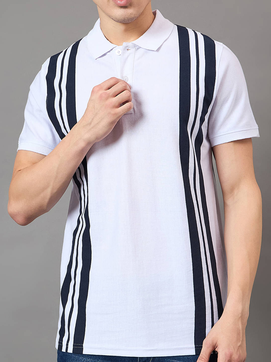     			BRONATION Men Cotton Blend Regular Fit Striped Polo T Shirt ( White )