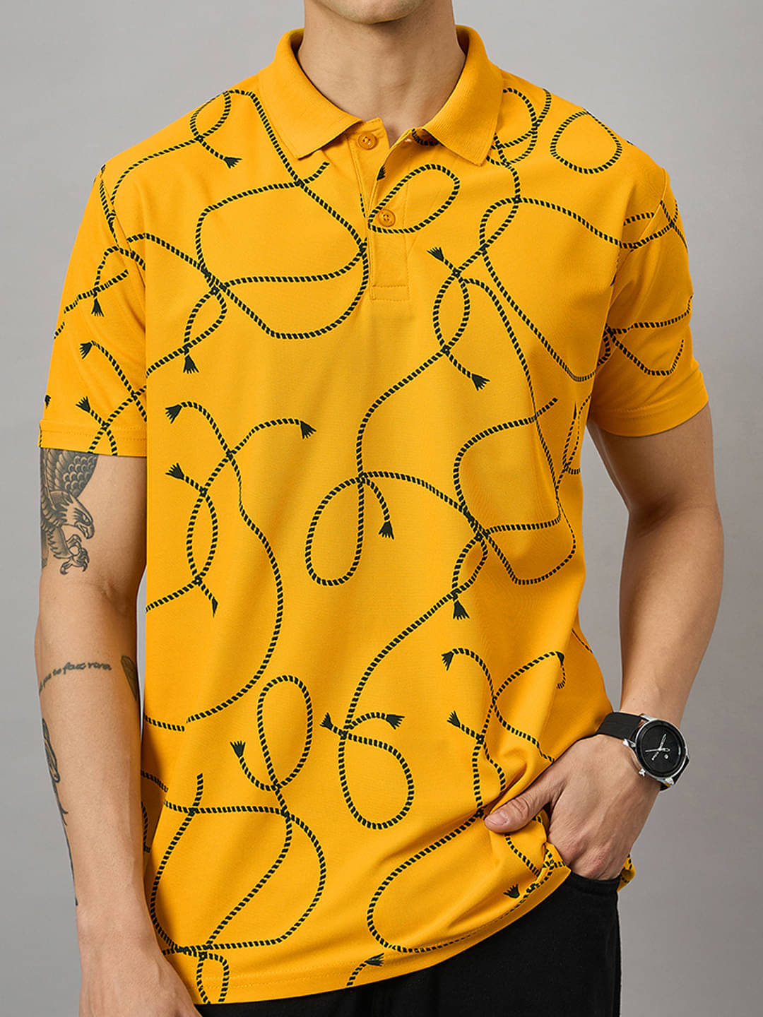     			BRONATION Men Cotton Blend Regular Fit Printed Polo T Shirt ( Mustard )