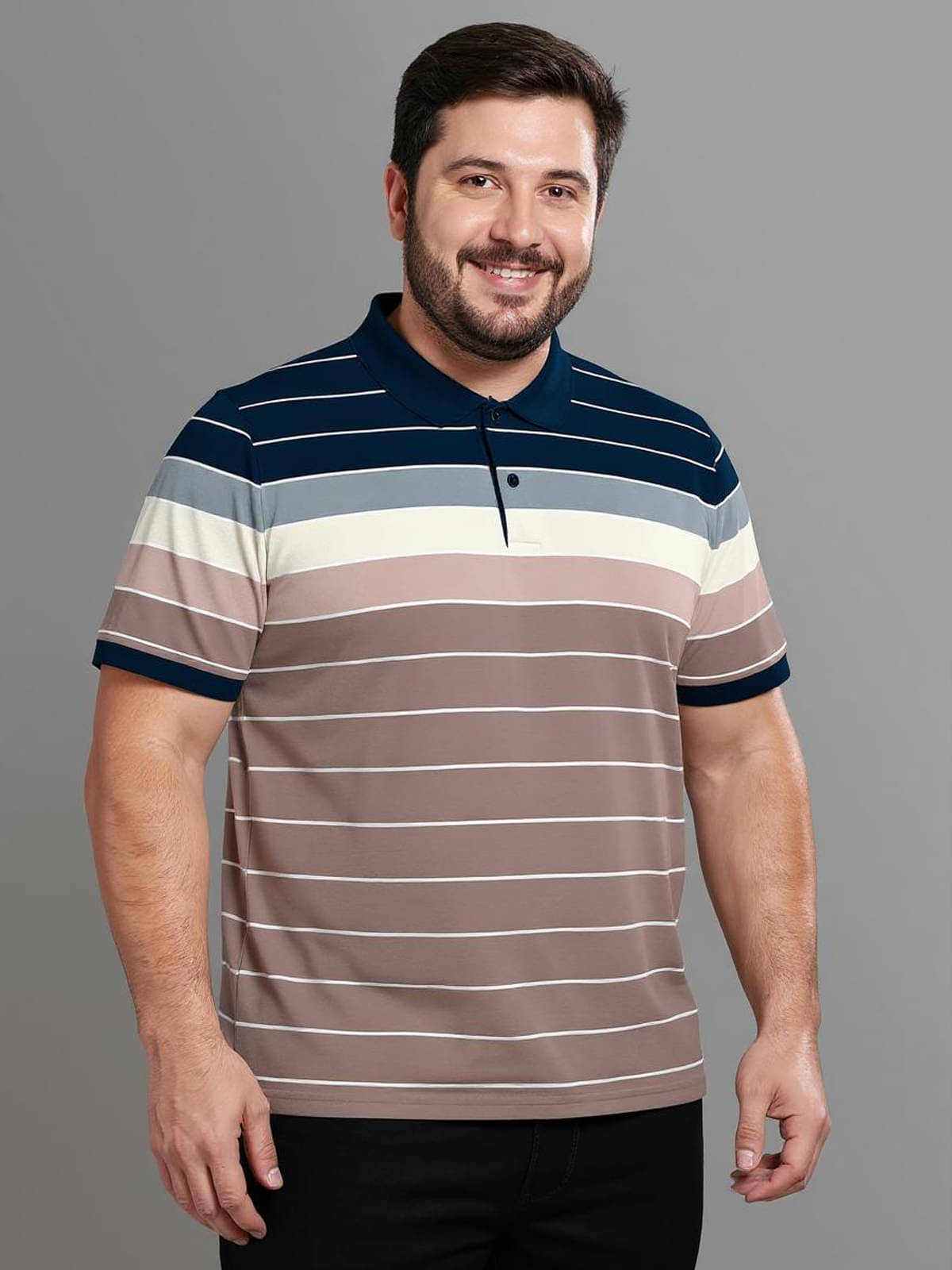     			BULLMER Men Cotton Blend Regular Fit Striped Polo T Shirt ( Navy )