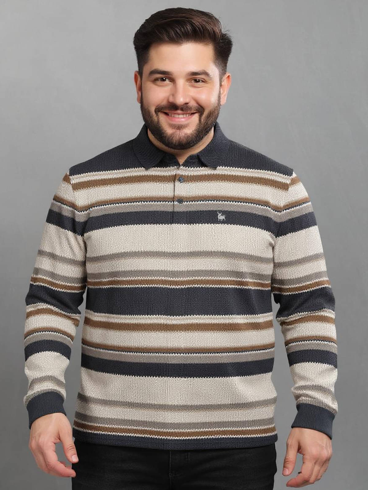     			BULLMER Men Cotton Blend Regular Fit Striped Polo T Shirt ( Beige )