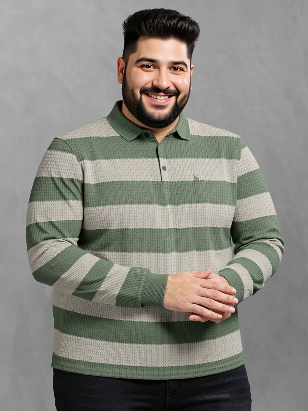 BULLMER Men Cotton Blend Regular Fit Striped Polo T Shirt ( Green )